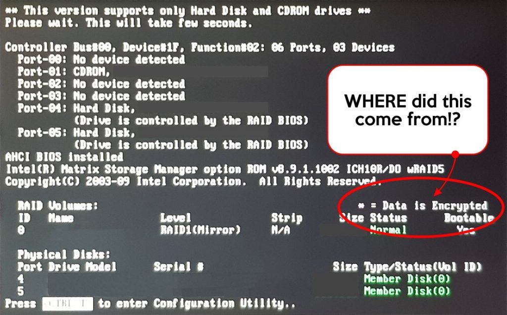 Image of PC boot-up showing Intel Matrix Storage Manager and flagging unknown feature stating Data is Encrypted.