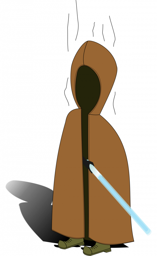 The brown robe of a Jedi, stands, steaming, in readiness for combat, or a bath, his, or her light sabre armed and ready.